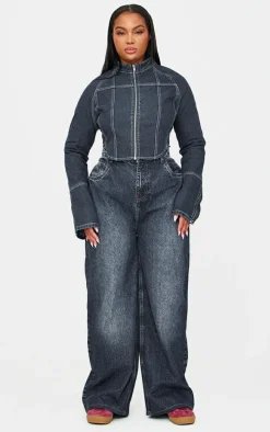 Plus Indigo Blue Wash Zip Up Cuff Detail Denim Jacket