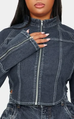 Plus Indigo Blue Wash Zip Up Cuff Detail Denim Jacket
