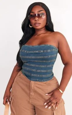 Plus Indigo Vintage Wash Seam Detail Stretch Denim Corset