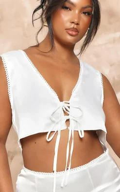 Plus Ivory Satin Tie Front V Neck Top