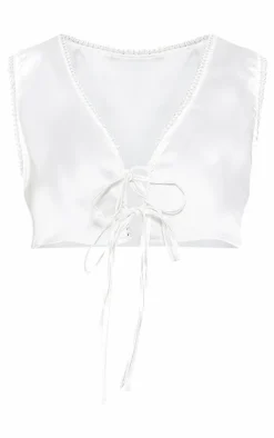 Plus Ivory Satin Tie Front V Neck Top