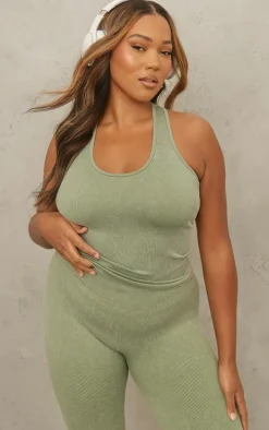 Plus Khaki Acid Wash Seamless Rib Halter Neck Gym Top