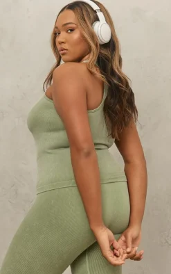 Plus Khaki Acid Wash Seamless Rib Halter Neck Gym Top