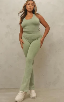 Plus Khaki Acid Wash Seamless Rib Halter Neck Gym Top