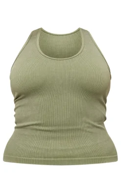 Plus Khaki Acid Wash Seamless Rib Halter Neck Gym Top