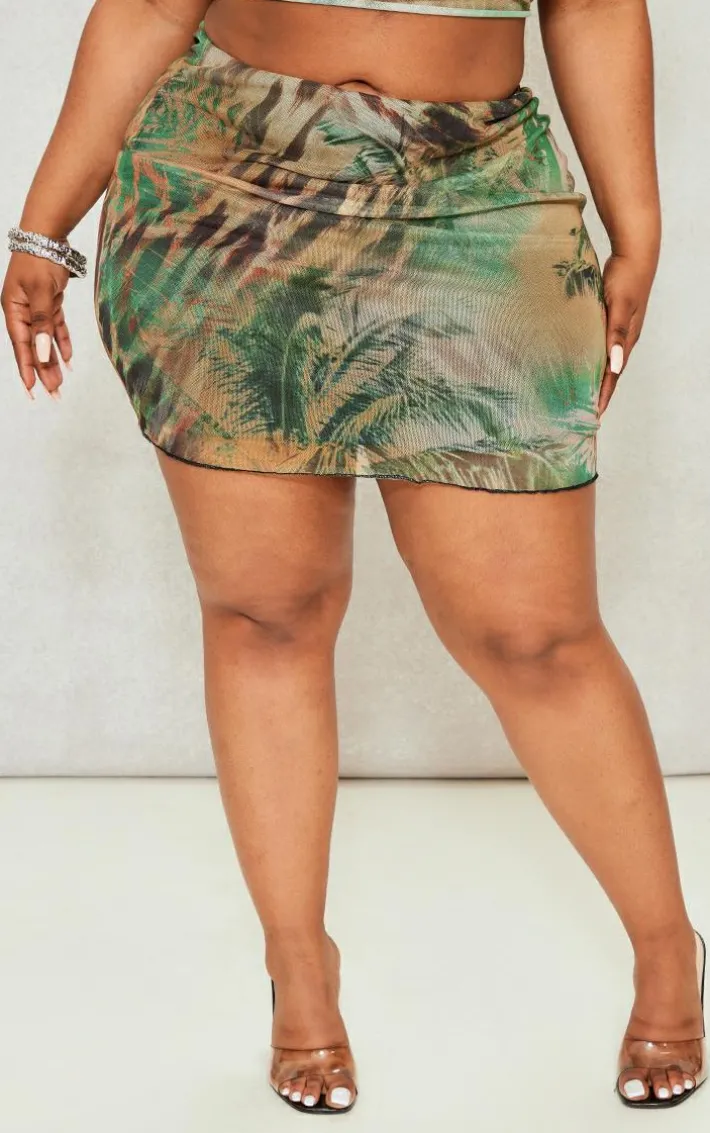Plus Khaki Animal Printed Lettuce Hem Mesh Bodycon Skirt