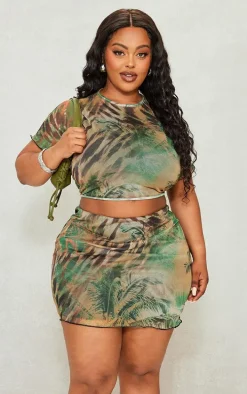 Plus Khaki Animal Printed Lettuce Hem Mesh Bodycon Skirt
