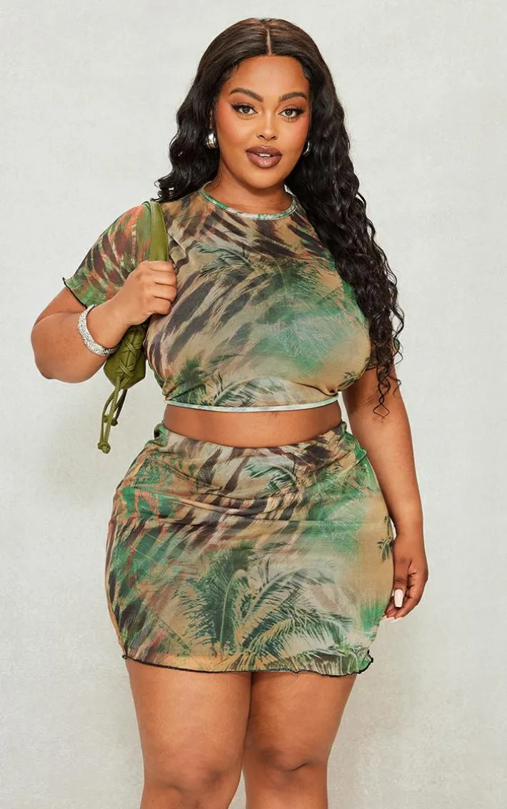 Plus Khaki Animal Printed Lettuce Hem Mesh Bodycon Skirt