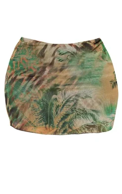 Plus Khaki Animal Printed Lettuce Hem Mesh Bodycon Skirt