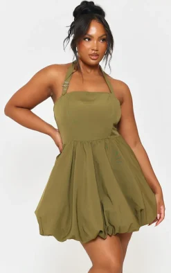 Plus Khaki Buckle Detail Halterneck Puffball Mini Dress