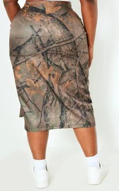 Plus Khaki Camo Printed Cargo Midi Skirt