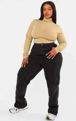 Plus Khaki Cotton High Neck Long Sleeved Bodysuit