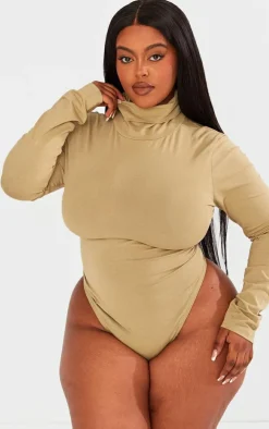 Plus Khaki Cotton High Neck Long Sleeved Bodysuit