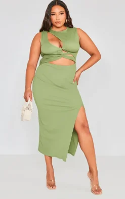 Plus Khaki Cut Out Front Bodycon Midi Dress