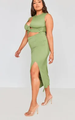 Plus Khaki Cut Out Front Bodycon Midi Dress