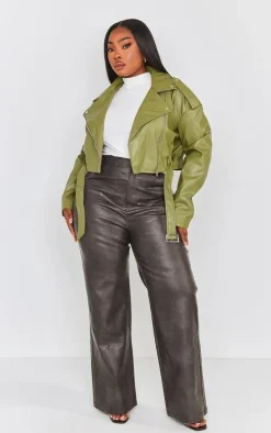 Plus Khaki Faux Leather Biker Jacker