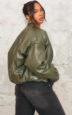 Plus Khaki Faux Leather Oversized Bomber Jacket