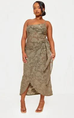 Plus Khaki Floral Tie Side Midi Dress