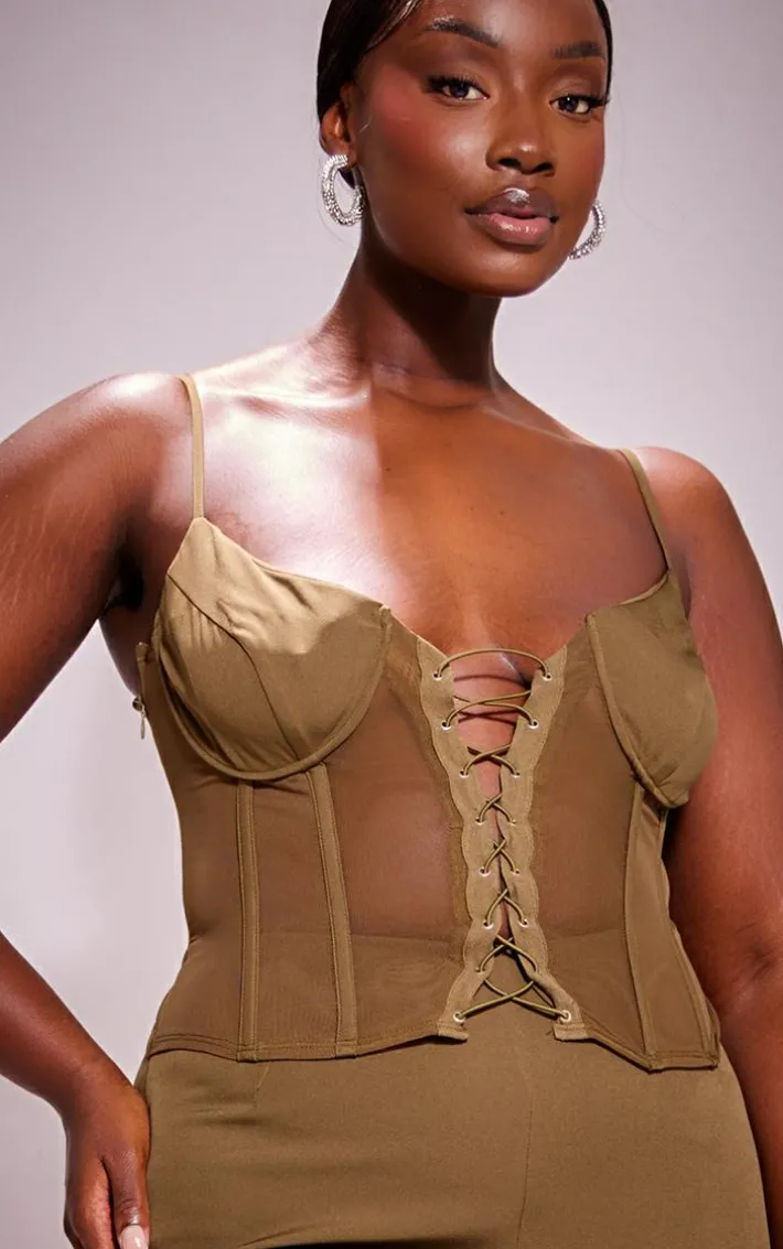 Plus Khaki Lace Corset Detail Jumpsuit