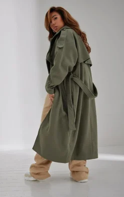 Plus Khaki Oversized Double Breasted Military Trim Coat