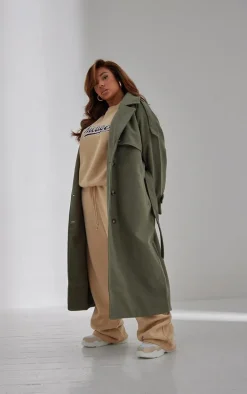 Plus Khaki Oversized Double Breasted Military Trim Coat