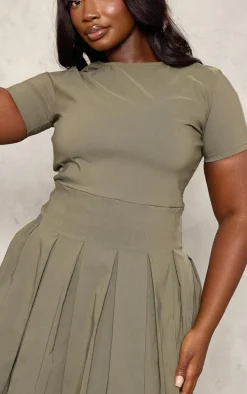 Plus Khaki Pleat Hem Detail Tailored Mini Dress
