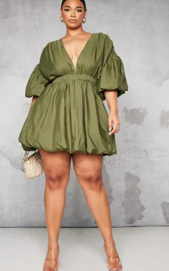 Plus Khaki Puff Sleeve Puffball Hem Dress