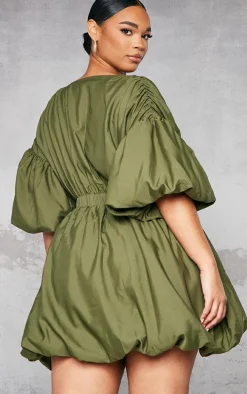 Plus Khaki Puff Sleeve Puffball Hem Dress