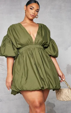 Plus Khaki Puff Sleeve Puffball Hem Dress
