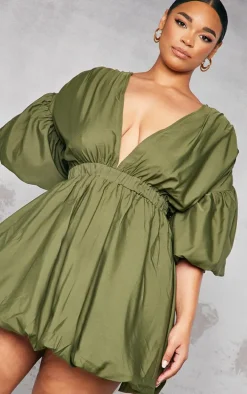 Plus Khaki Puff Sleeve Puffball Hem Dress