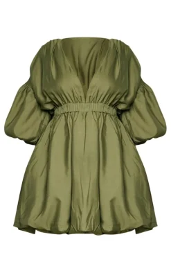 Plus Khaki Puff Sleeve Puffball Hem Dress
