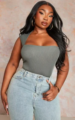 Plus Khaki Rib Cut Out Bodysuit