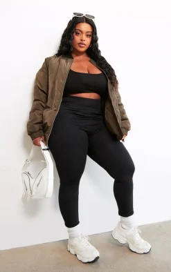 Plus Khaki Ribbed Neck Bomber Jacket