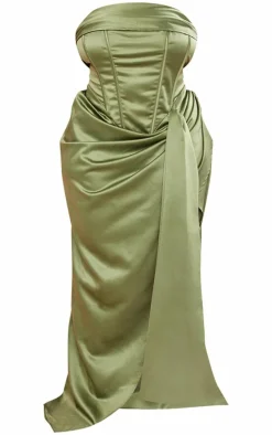 Plus Khaki Satin Draped Bandeau Corset Maxi Dress