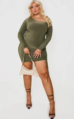 Plus Khaki Soft Touch Ruched Side Detail Mini Dress