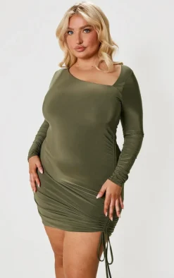 Plus Khaki Soft Touch Ruched Side Detail Mini Dress