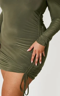 Plus Khaki Soft Touch Ruched Side Detail Mini Dress