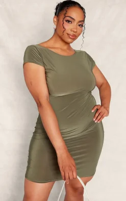 Plus Khaki Soft Touch Scoop Back Short Sleeve Mini Dress