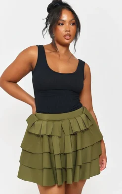 Plus Khaki Stretch Woven Tiered Mini Skirt