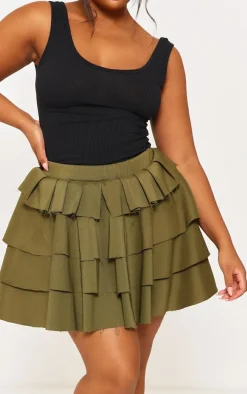 Plus Khaki Stretch Woven Tiered Mini Skirt