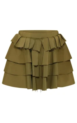 Plus Khaki Stretch Woven Tiered Mini Skirt