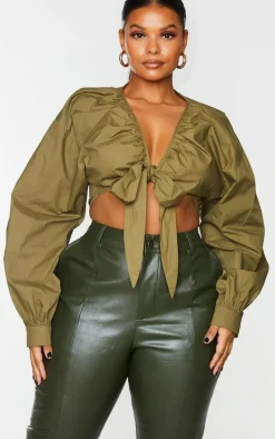 Plus Khaki Tie Front Ruched Blouse