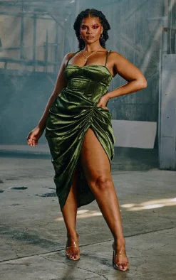 Plus Khaki Velvet Ruched Side Midi Skirt