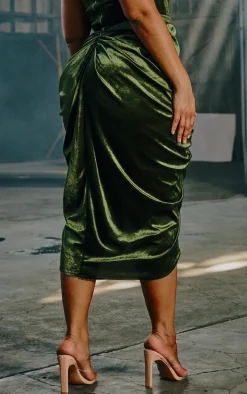 Plus Khaki Velvet Ruched Side Midi Skirt