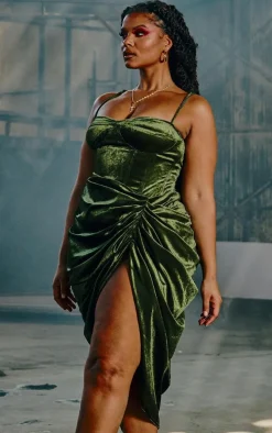 Plus Khaki Velvet Ruched Side Midi Skirt