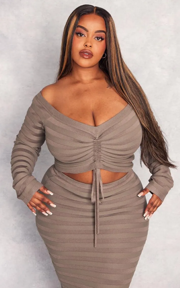 Plus Khaki Wide Rib Knit Ruched Front Top