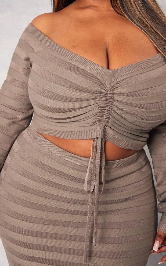 Plus Khaki Wide Rib Knit Ruched Front Top