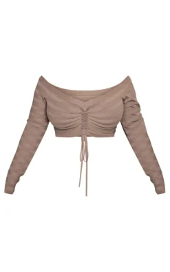 Plus Khaki Wide Rib Knit Ruched Front Top