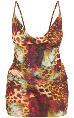 Plus Leopard Abstract Crinkle Mesh Cowl Neck Mini Dress