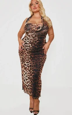 Plus Leopard Print Cowl Neck Maxi Dress